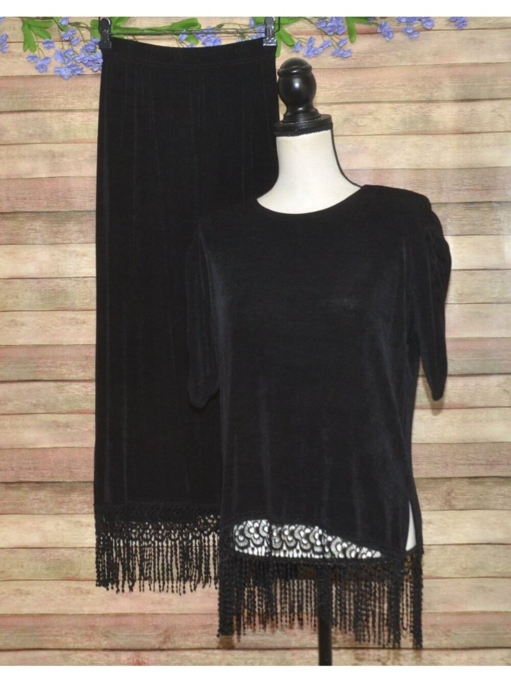 2 Piece Lace Fringe Midi Skirt & Tunic Top Set Slinky Size S/M Witchy Whimsigoth
